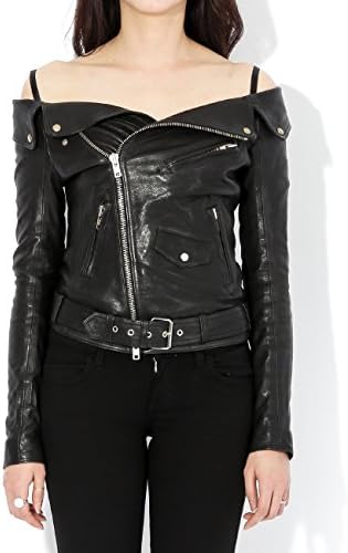 Wiberlux Faith Connexion Women's Leather Off-Shoulder Biker Jacket 36 Black