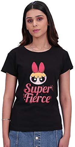 POPxo Powerpuff Girls - Blossom T-Shirt | Women's Black Cotton Round Neck Printed Top | Regular Fit | Gifts for Girls