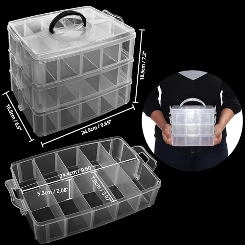 KOWVOWZ 3 Tier Stackable Storage Container Box 30 Compartments Plastic Storage Box with Adjustable Compartments Transparent Container Plastic Storage Box-5L x 5W x 5H centimeters