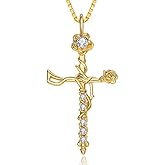 AulanRose Gold Cross Necklace for Women,Rose Necklace Anniversary Birthday Gifts for Wife Her Mom,14K Gold/18K White Gold Womens Christian Jewelry with Diamond Birthstone Pendant Necklaces