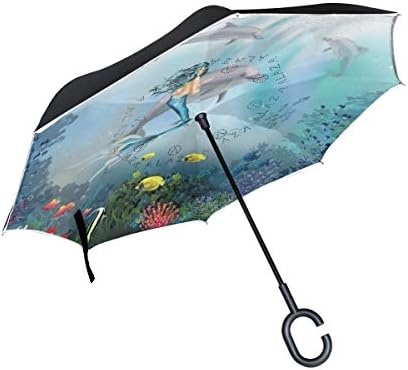Inverted Umbrella Underwater Dolphins And Mermaid Double Layer Reverse Umbrella for Car Windproof UV Protection Big Straight with C-Shaped Handle