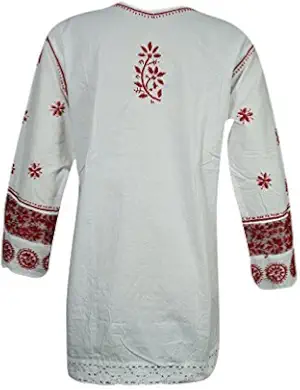 Womens Tunic Dress Cotton Lace White Red Embellished Top Blouse