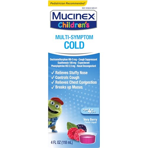 MUCINEX CHILDREN’S MULTI-SYMPTOM COLD MEDICINE, KIDS COUGH MEDICINE, MUCINEX KIDS MEDICINE/DECONGESTANT WITH DEXTROMETHORPHAN HBR, GUAIFENESIN, PHENYLEPHRINE HCL, VERY BERRY FLAVOR LIQUID, 4 FL OZ