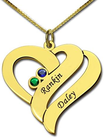Engraved Couples Pendant-Personalized Two Name Hearts Necklace Silver Engraved Initial Hearts Pendant with Birthstone (18K gold 22"(55cm)) Gold22.0 inches