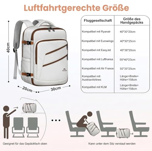 MATEIN Ryanair Hand Luggage 40 x 30 x 20, Women's Travel Backpack with Wet Compartment, Backpack 40 x 30 x 20 with 15.6 Inch Laptop Compartment for Women, Ryanair Backpack for Travel, Travel Backpack for Business, Cloud Dancer