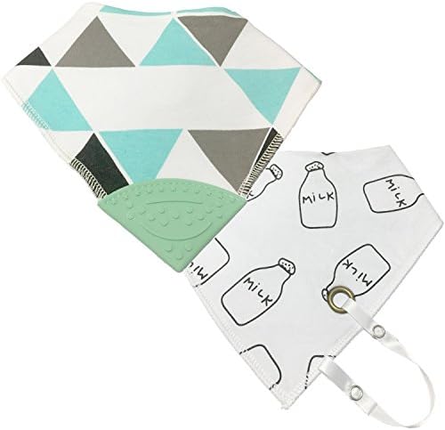Baby Bandana Bib For Drooling Feeding Teething Set of 2: Bib With Pacifier Holder and Bib with Teether (White Combo)