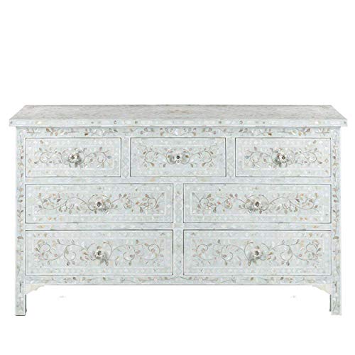Extra Wide Floral Design Mop Inlay Handmade Chest Of 7 Drawers In