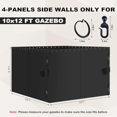 slashome 10'x12' Gazebo Curtains Outdoor Waterproof, Black Universal Replacement Curtain 4-Panels, Sidewalls with Zipper for Garden, Patio, Yard (Only Curtains)