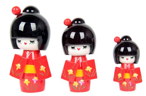 uxcell Japanese Kimono Lovely Girl Wooden Kokeshi Doll Toy 3 Pcs Red