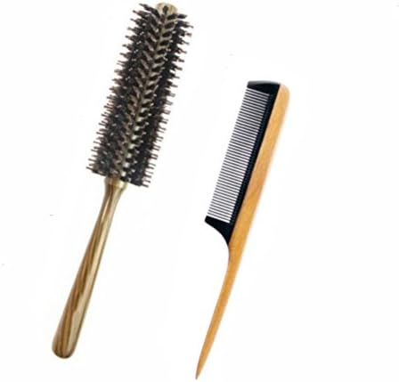 Boar Bristle Round Styling Hair Brush with Natural Wooden Handle - Fine Tooth Wooden Tail Comb - Sandalwood Comb with Black Buffalo Horn Teeth