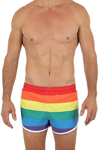 UZZI Men's Rainbow Pride Flag Side Split Running Shorts, Rainbow, Large