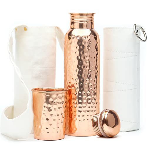 Photo 1 of Kitchen Science Authentic Ayurvedic Copper Water Bottle (34oz/1000 ml) w/Copper Tumbler for Drinking Water, Carrying Bag & Deco Sleeve | Lab-Tested, Leak-Proof