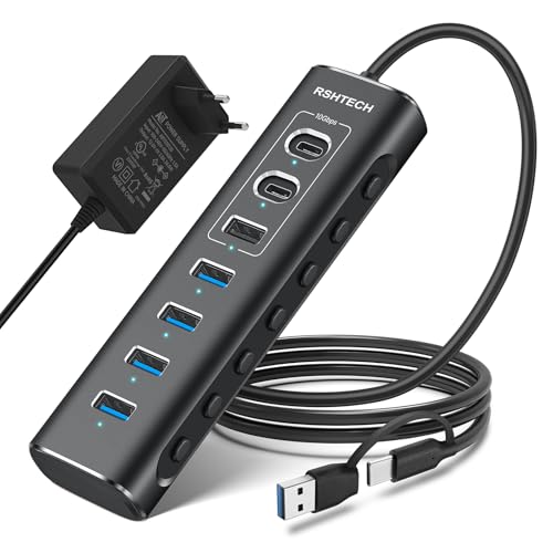 USB Powered Hub, RSHTECH 7 Ports USB 3.2/USB C Hub with USB-A 3.2 to 10Gbps, 2 USB-C 3.2, 4 USB 3.0 Ports to 5Gbps, USB C Hub Aluminum Data Cable 1m, Power Supply 24W, RSH-A107C