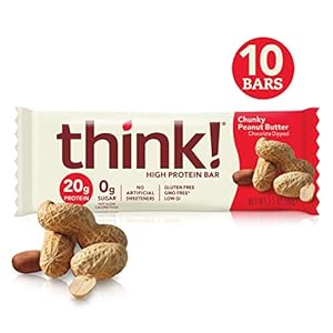Image of Think! (thinkThin) High Protein Bars - Chunky Peanut Butter, 20g Protein, 0g Sugar, No Artificial Sweeteners, Gluten Free, GMO Free*, 2.1 oz bar (10Count - Packaging May Vary)
