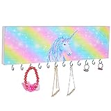 Beinou Wood Jewelry Organizer Wall Mount Rainbow Unicorn Jewelry Holder with 12 pcs Rotatable Hooks Girls Jewelry Storage Hanger for Earrings Necklaces Bracelets