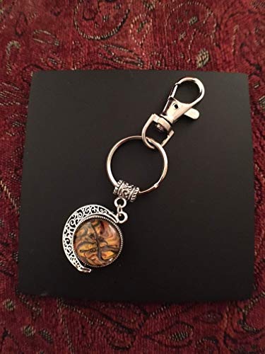 Double Crescent Moon Rotating Silver Key-Chain One of a Kind Acrylic Pouring Fluid Art Abstract Key-Ring Cabochon (18mm) Orange, Gold, Carolina Blue and White/ Lime Green, Yellow, Black and Red #12