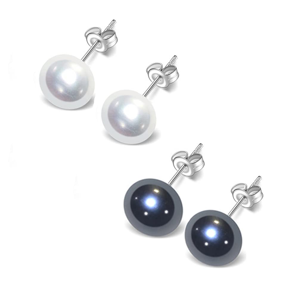 TreasureBay Women's Large Pearl Stud Earrings 8-9mm Freshwater Pearl Stud Earrings With 925 Silver (Black-White set)