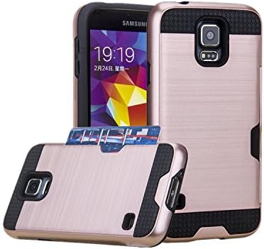 Galaxy S5 Case, Asstar [Stand Feature] Card Slot Case [Anti Scratch] Dual Layer Shockproof [Soft Rubber Bumper] Hybrid Protective Card Case for Samsung Galaxy S5 (Rose gold)