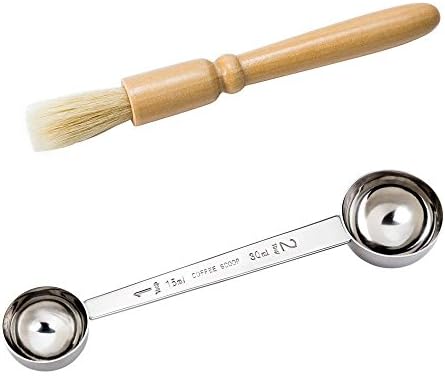 Coffee Grinder Brush Double Side Stainless Steel Scoop Set, Wooden Handle Natural Bristle Cleaning Brush, Multi-purpose Measuring Spoon (1 & 2Tbsp) for Home, Office, Coffee Shop, Tearoom