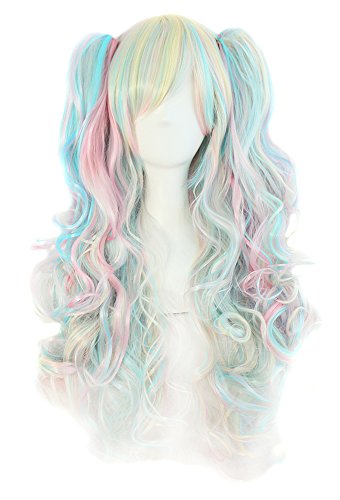MapofBeauty Multi-color Lolita Long Curly Clip on Ponytails Cosplay Wig (Pink/ Blue/ Blonde)