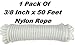 Katzco Nylon Rope Twisted Solid Braided - 1 Roll of 3/8 Inch x 50 Feet Rope - for Camping, Sports and Outdoors, Construction, Moving, Furniture, Towing, Wheels and Axles, Boat Docks, and Fishing
