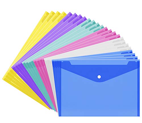 Set of 18 Document Folder Plastic Envelopes with Snap Button Transparent Poly Envelops Waterproof Project Envelope Folder, US Letter/A4 Size-6 Colors for School,Home,Office Organization