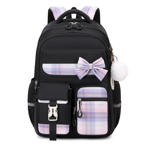 Tanou Girls Primary School Bag, Waterproof Daypack School Backpack for Teens, Kawaii Checked School Bag for Girls 9-16 Years Old for Travel