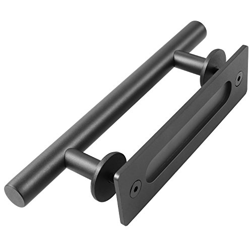 FIXKIT 12â€ Pull and Flush Door Handle Set in Black Sliding Barn Door Hardware Handle, Stainless Steel Door Pull Handle for Interior and Exterior Doors, Mount Screws Included