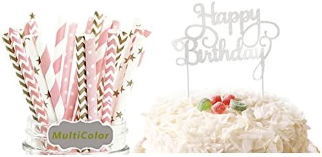 TPARTYCOM 25 Pcs Decorative Paper Straws with Silver Happy Birthday Cake Topper