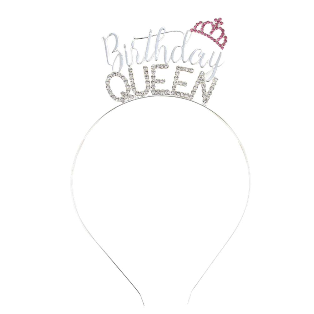 Amosfun Birthday Headband Crown Tiaras Crystal Headpiece Party Hair Accessories Party Supplies Birthday Queen (Silver)