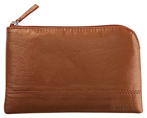 RHODIA 116518C - Faux Leather Zipped Pouch - Copper - Size S (11 x 17 cm) - Genuine Stitching - Orange Fabric Inside - Storage for Documents, Small Supplies