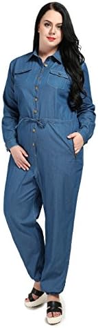 Really Love Women's Plus Size Denim Jumpsuits Long Sleeve Casual Denim Rompers Denim Jeans (US16W, 1458 Dark Blue Denim)