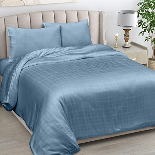 LINENWALAS 100% Organic Bamboo Bed Sheets, Deep Pocket Sheets, Checkered Design Silk Sheets 4pc Bed Sheet Set โ 1 Fitted & Flat Sheet with 2 Pillowcases (Bahamas Blue, Emperor) โ image 1