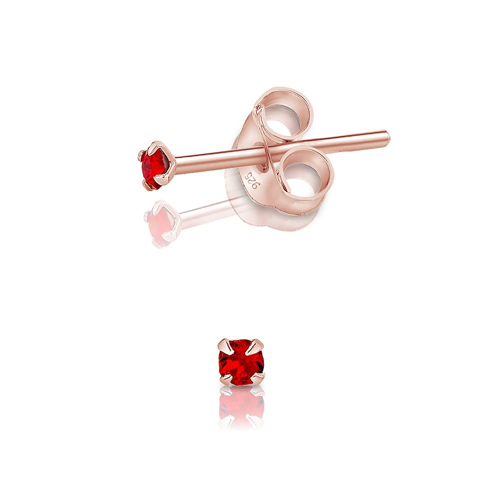 DTPSilver - 925 Sterling Silver Rose Gold plated Round TINY Stud Earrings made with Glittering Crystals from Swarovski® Elements - Diameter: 2 mm - Colour : Red Light Siam