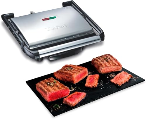Tefal GC241D Grill con placas antiadherentes, Toque frío, Bandeja recoge jugos extraíble, Paninis, carne, pescado y asar verduras, Negro/Plateado, Potencia de 2000 W