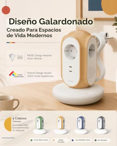 Régua de energia da torre com 3 tomadas AC e 2 USB-C (carga rápida 30W), 3680W/16A, proteção contra surtos 1420J, cabo de extensão de 2 m, proteção Overca (cinzento basalto)