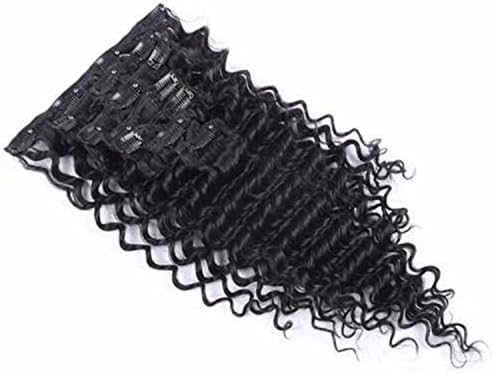 KEYU Deep Wave Clip in Hair Extensions Deep Curl Clip on Vigin Brazilian Hair Extensions 8"-22" 7pcs/set 70g Natural Black