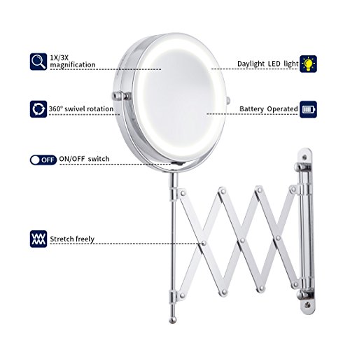 16" Length Arm Led Cosmetic Mirror Wall Mounted, Double Side, 1X/3X Magnification, Lighting, Adjustable, Rotating Function, Stainless Steel, Powered by 4 x AAA batteries (not included) - Thumbnail 2