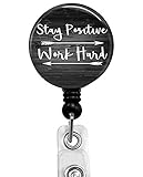 TS - Stay Positive Work Hard Retractable ID Card Badge Holder with Alligator Clip, Medical Nurse Badge ID, Office Employee Name Badge