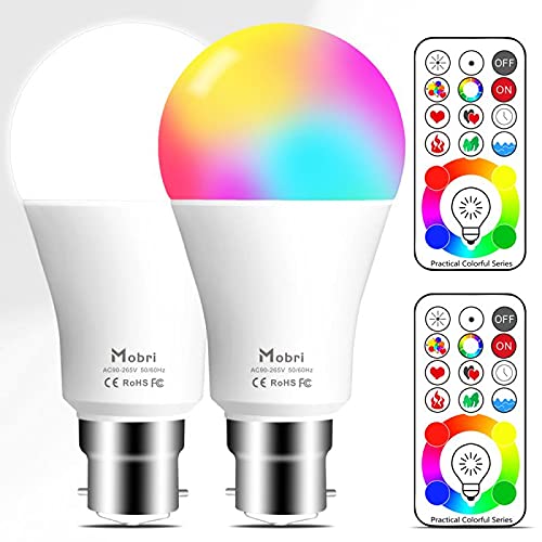 Mobri B22 LED Colour Changing Light Bulbs with Remote Control, 75 Watt Equivalent Bayonet Dimmable Colour Bulbs with Timing, Memory & Sync, 120 Multi RGB Colours + Daylight White,2 Pack