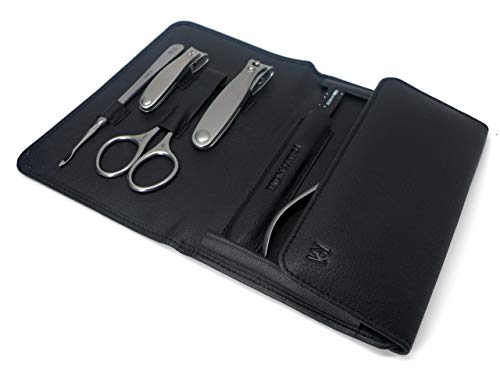 7pcs Manicure Pedicure Set German FINOX Surgical Stainless Steel: Cuticle Nippers, Toenail Clippers, Nail Clipper, Cuticles Scissors, Pusher, Tweezers and Glass Nails File in Leather by GERmanikure