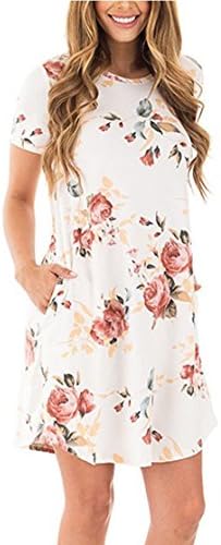 Chuangxiangt Women's Floral Printed Short Sleeve A-line Casual T-shirt Dress Tunic Dress (M, White)