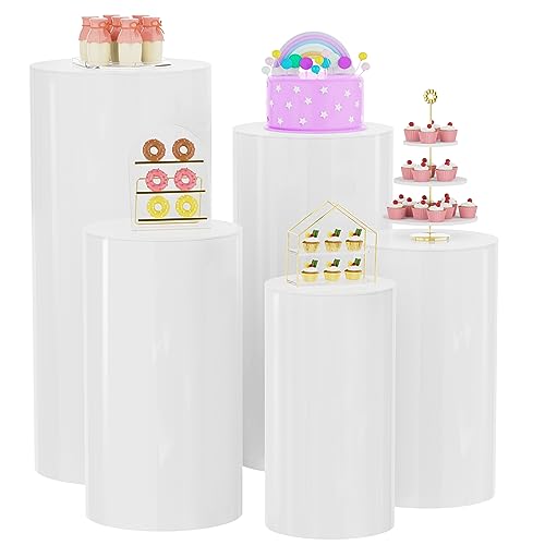 Putros White Cylinder Pedestal Stand for Party 5Pcs Round Cylinder Display Plinth Pillars for Wedding Birthday Party Event Decor