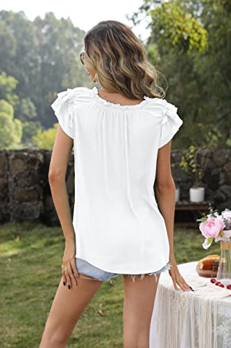 Women\'s Summer Casual Ruffle Short Sleeve Blouses V Neck Loose Fit Drawstring Shirts Tops(White,Small)