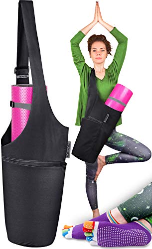 Jambala Large Yoga Mat Bag Carrier and Socks Bundle, 4 Pockets (I Want This Midnight Black & Ash Gray)