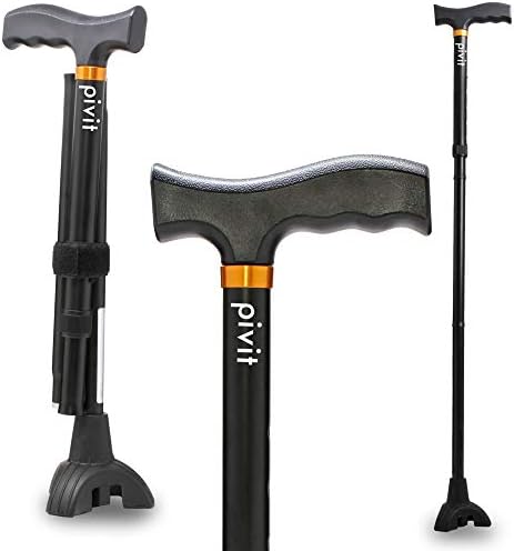 Pivit Walking Cane for Men & Women | Self Standing, Adjustable Offset Balance Stick 4 Point Quad Cane Tip | Lightweight & Sturdy Mobility Walker Aid for Arthritis, Elderly, Seniors & Handicap (Black)