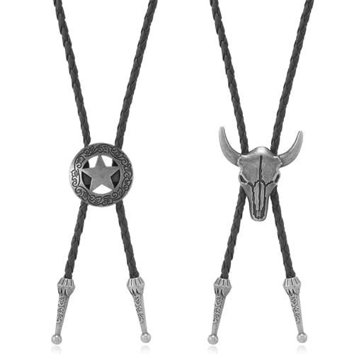 2PCS Cowboy Bolo Tie, Cowboy Costume Men's Necklace Accessories, Leather Tie with Cowboy Skull, NlsqUK Tie Pendant Chain Decoration for Men's Western Shirts, Men's Cowboy Shirts, Western Shirts