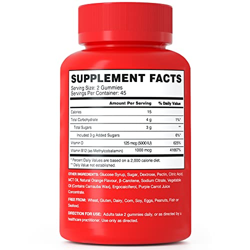 B12 Vitamins Gummies with Vitamin D - 90 Count | Vitamin D 5000 IU & Methyl Vitamin B12 1000 mcg Supplement for Energy and Immune Support - Vegan Friendly, Gluten Free - Orange Flavor (Orange)