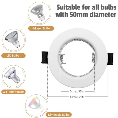LteelDay Recessed Frame for Spotlights – White Round Metallic, Incl. Socket for GU10 | Fit for 55-70 mm Holes | For 50 mm Lamp | Porthole Frame – Ideal for Bathroom, Living Room, Kitchen | 24 Pack
