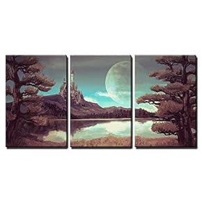 3 Piece Canvas Wall Art - Illustration of a Natural Riverside Lake Forest Landscape with Ancient Medieval Castle - Modern Home Art Stretched and Framed Ready to Hang - 16"x24"x3 Panels